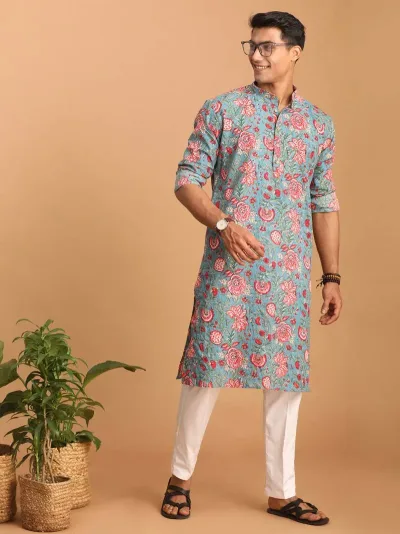 Aqua Floral Print Cotton Kurta And Pyjama Set